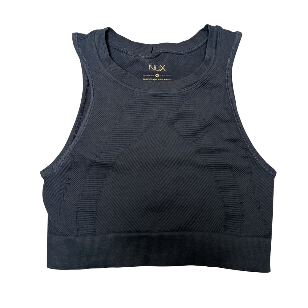 NUX SoulCycle Navy Blue Ribbed Seamless High Neck Sports Bra Crop Top Small